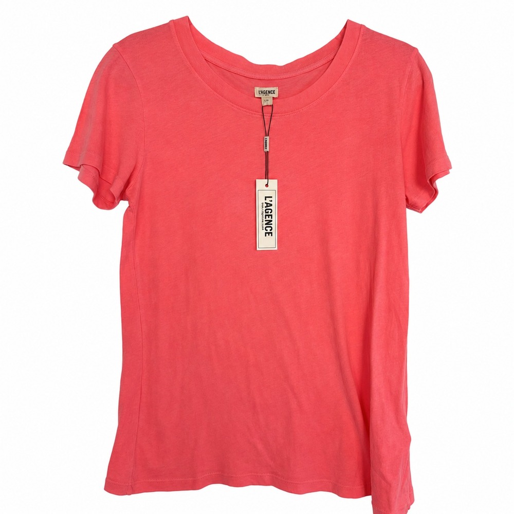 L'Agence Cory Scoop Neck Tee Women Large Neon Coral Cotton Short Sleeve USA